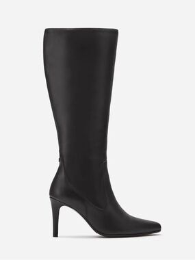 Duo Freya Knee High Leather Pointy Toe Wide Calf Fitted Boots Heels Black